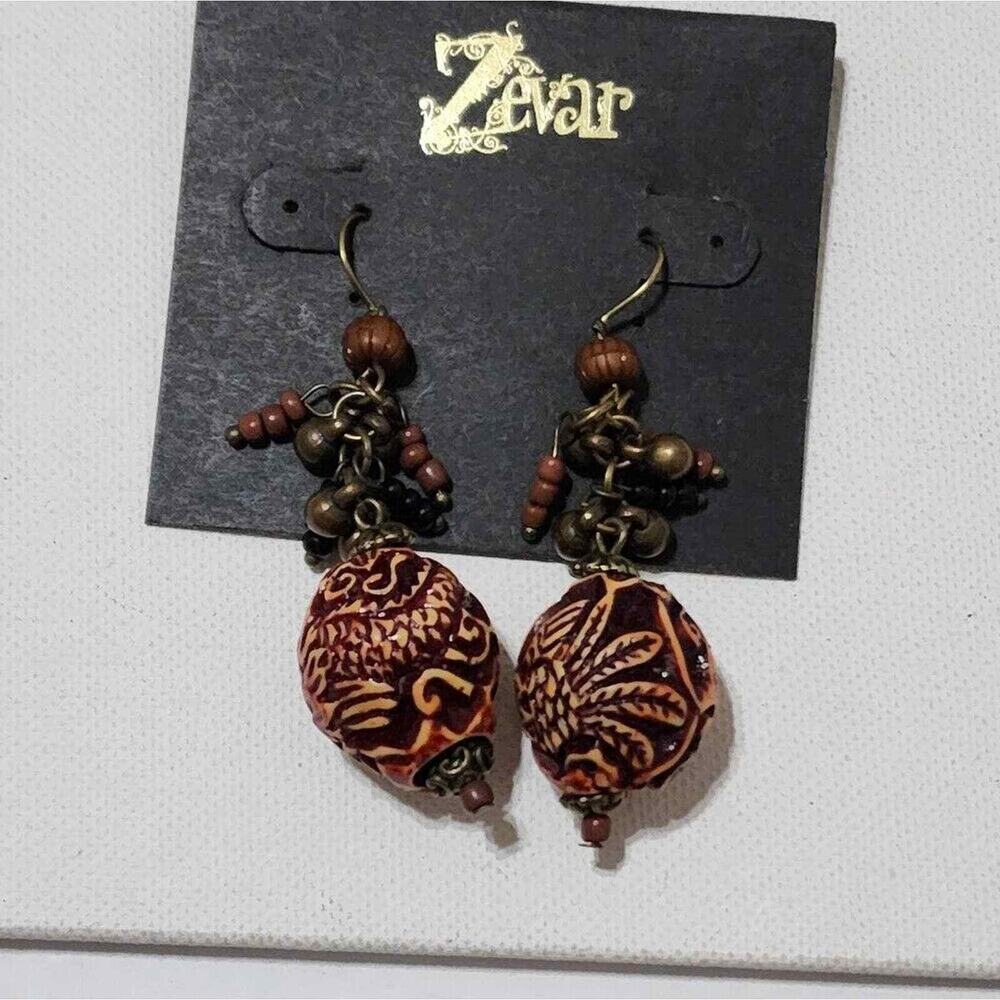 Treska Zevar Bohemian Beaded Drop Earrings Carved Wood Style Earthy Brown Bronze